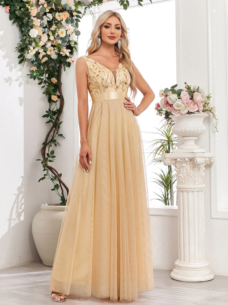 V-neck Embroidery Sequins Elegant Gauze Formal Dress Maxi Dresses - Image 24