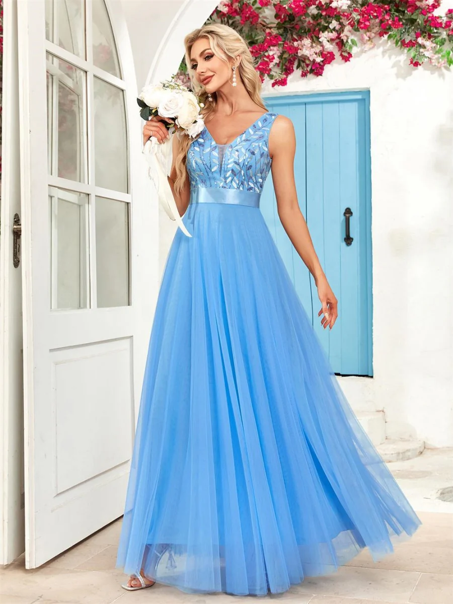 V-neck Embroidery Sequins Elegant Gauze Formal Dress Maxi Dresses - Image 25