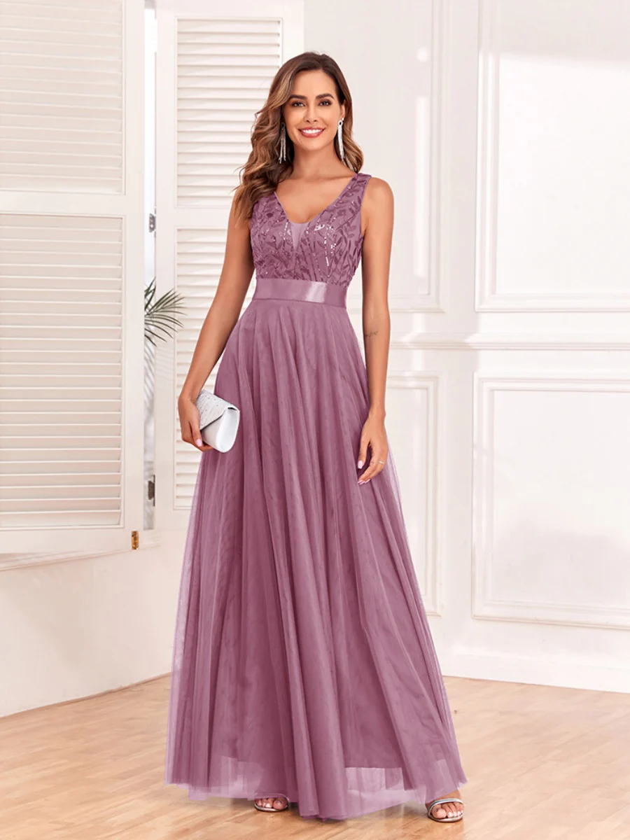 V-neck Embroidery Sequins Elegant Gauze Formal Dress Maxi Dresses - Image 3