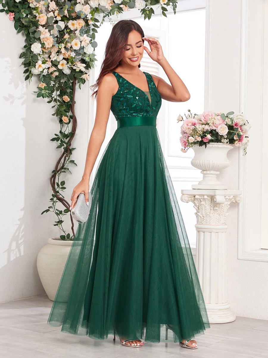 V-neck Embroidery Sequins Elegant Gauze Formal Dress Maxi Dresses - Image 30