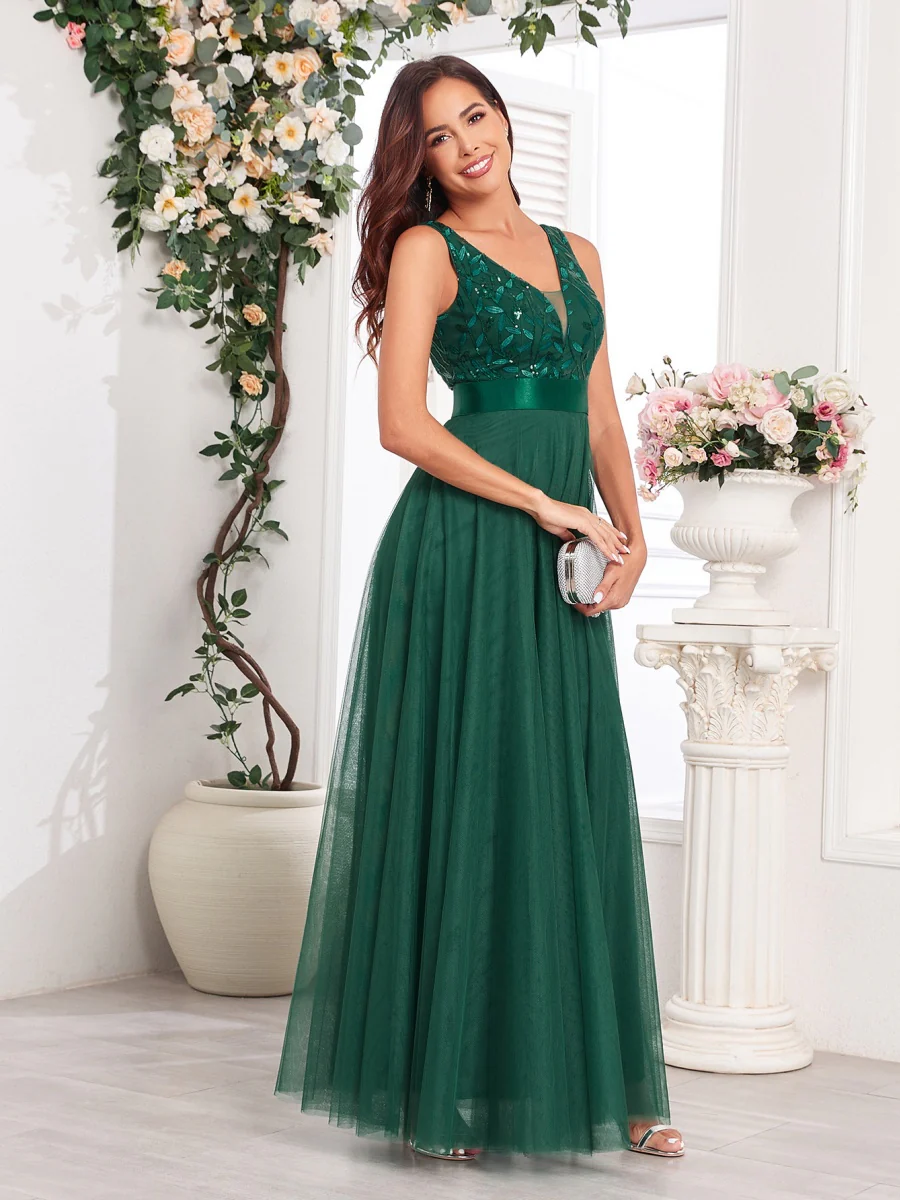 V-neck Embroidery Sequins Elegant Gauze Formal Dress Maxi Dresses - Image 31