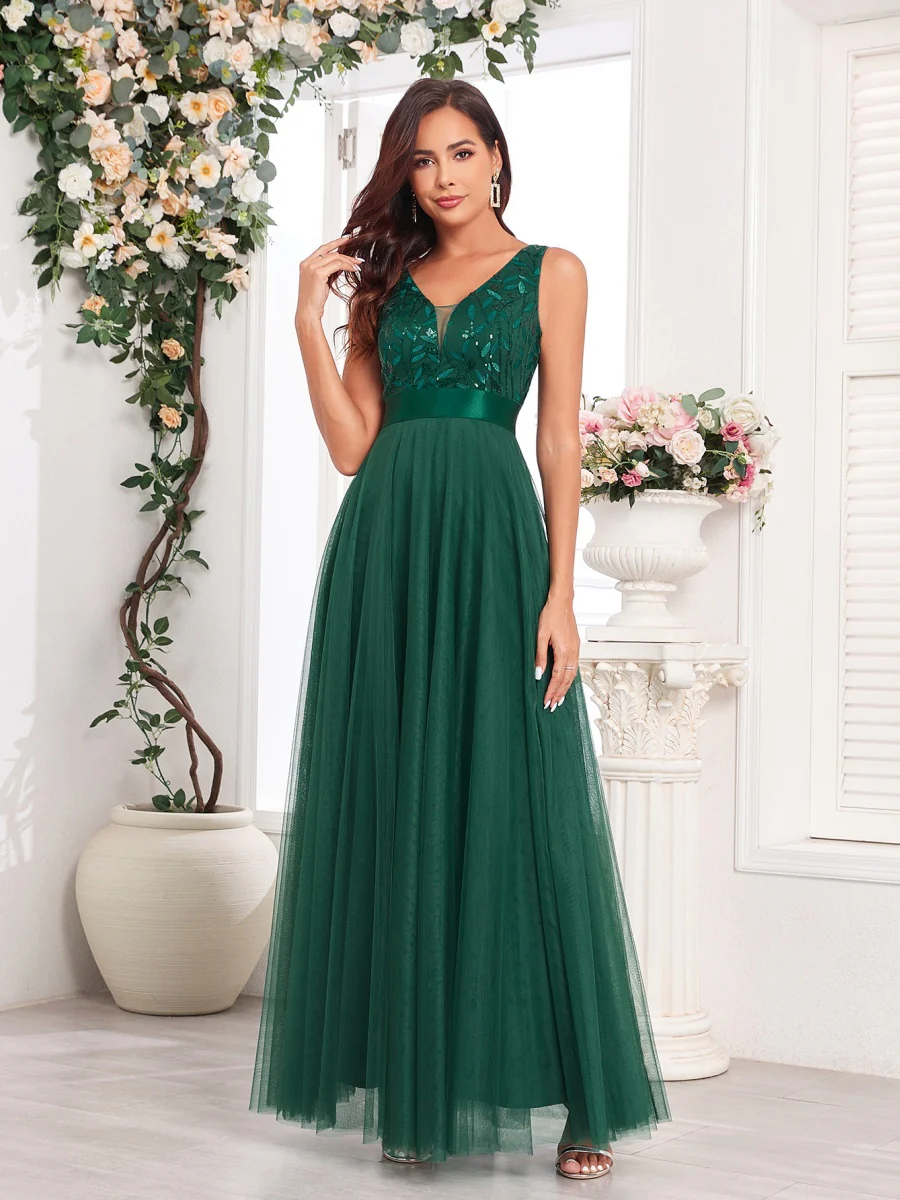 V-neck Embroidery Sequins Elegant Gauze Formal Dress Maxi Dresses - Image 32