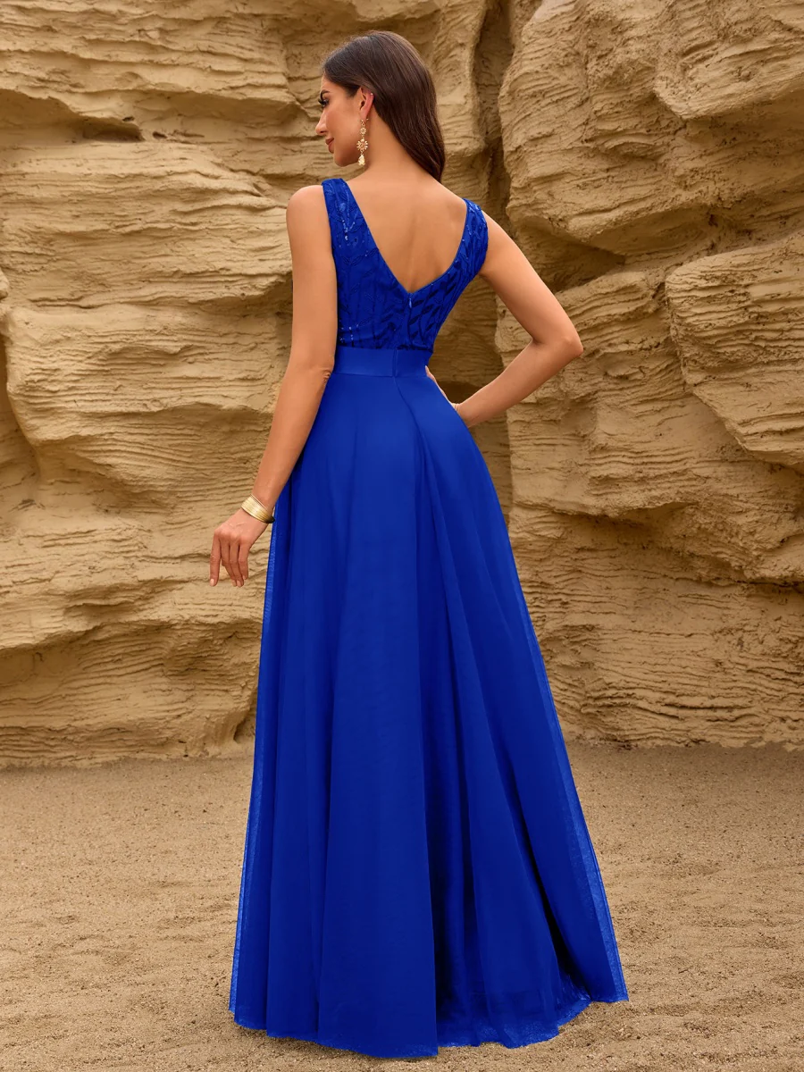 V-neck Embroidery Sequins Elegant Gauze Formal Dress Maxi Dresses - Image 33