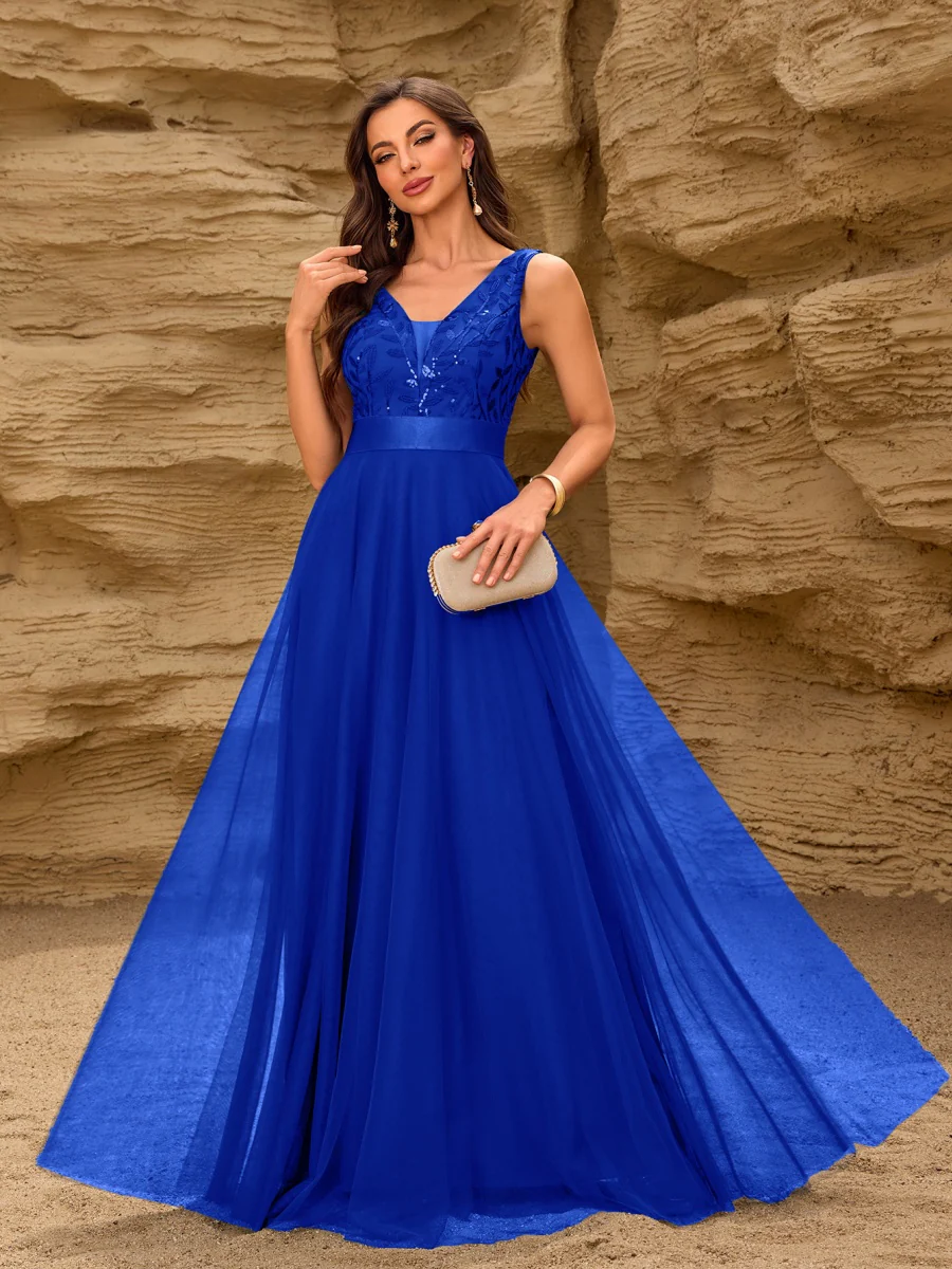 V-neck Embroidery Sequins Elegant Gauze Formal Dress Maxi Dresses - Image 34