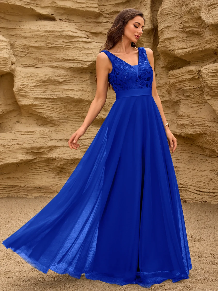 V-neck Embroidery Sequins Elegant Gauze Formal Dress Maxi Dresses - Image 35