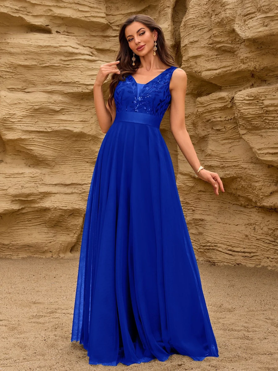 V-neck Embroidery Sequins Elegant Gauze Formal Dress Maxi Dresses - Image 36