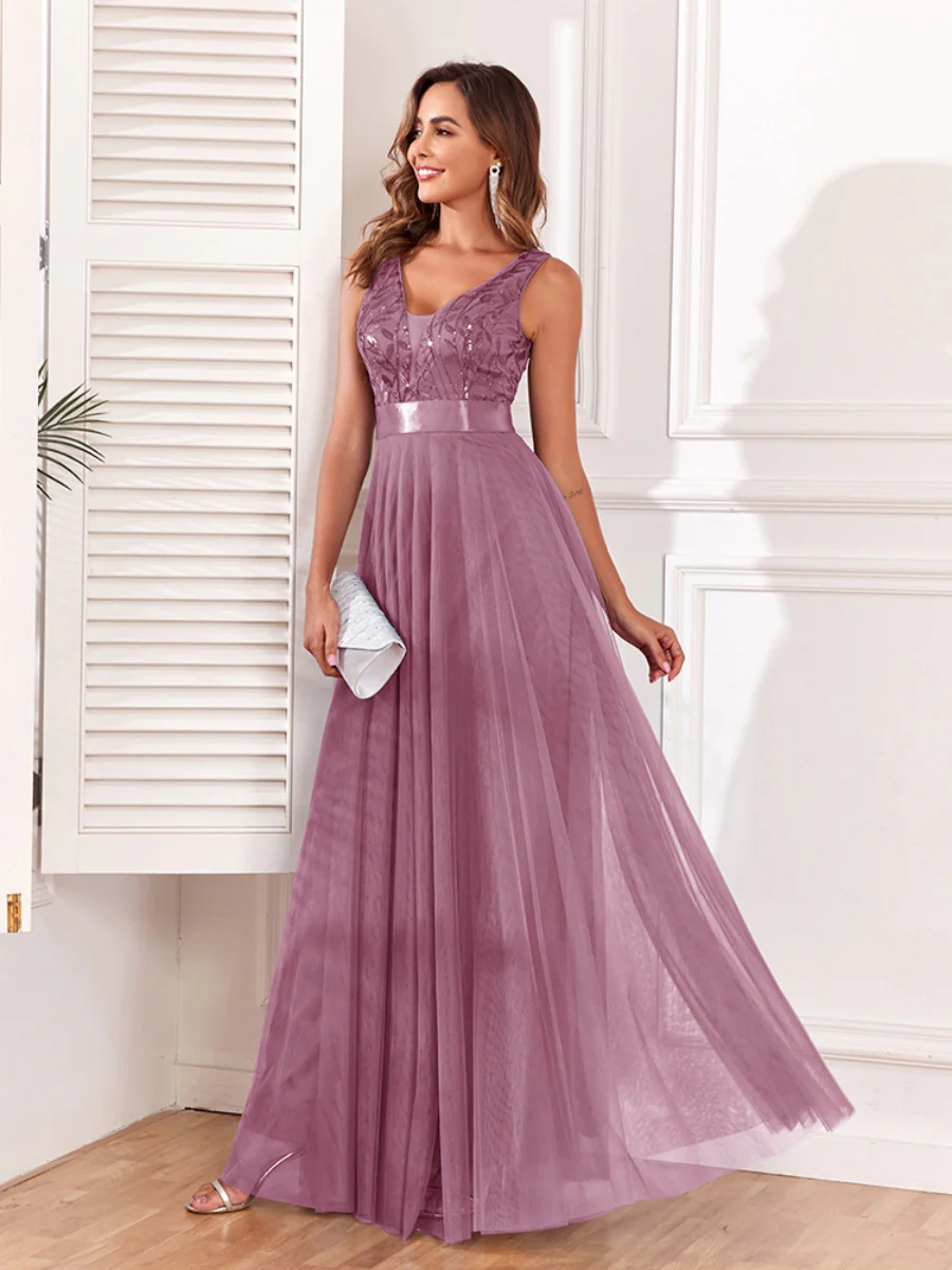 V-neck Embroidery Sequins Elegant Gauze Formal Dress Maxi Dresses - Image 4