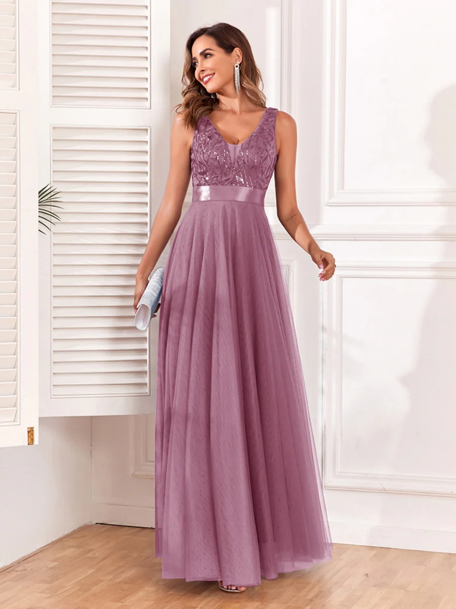 V-neck Embroidery Sequins Elegant Gauze Formal Dress Maxi Dresses - Image 5