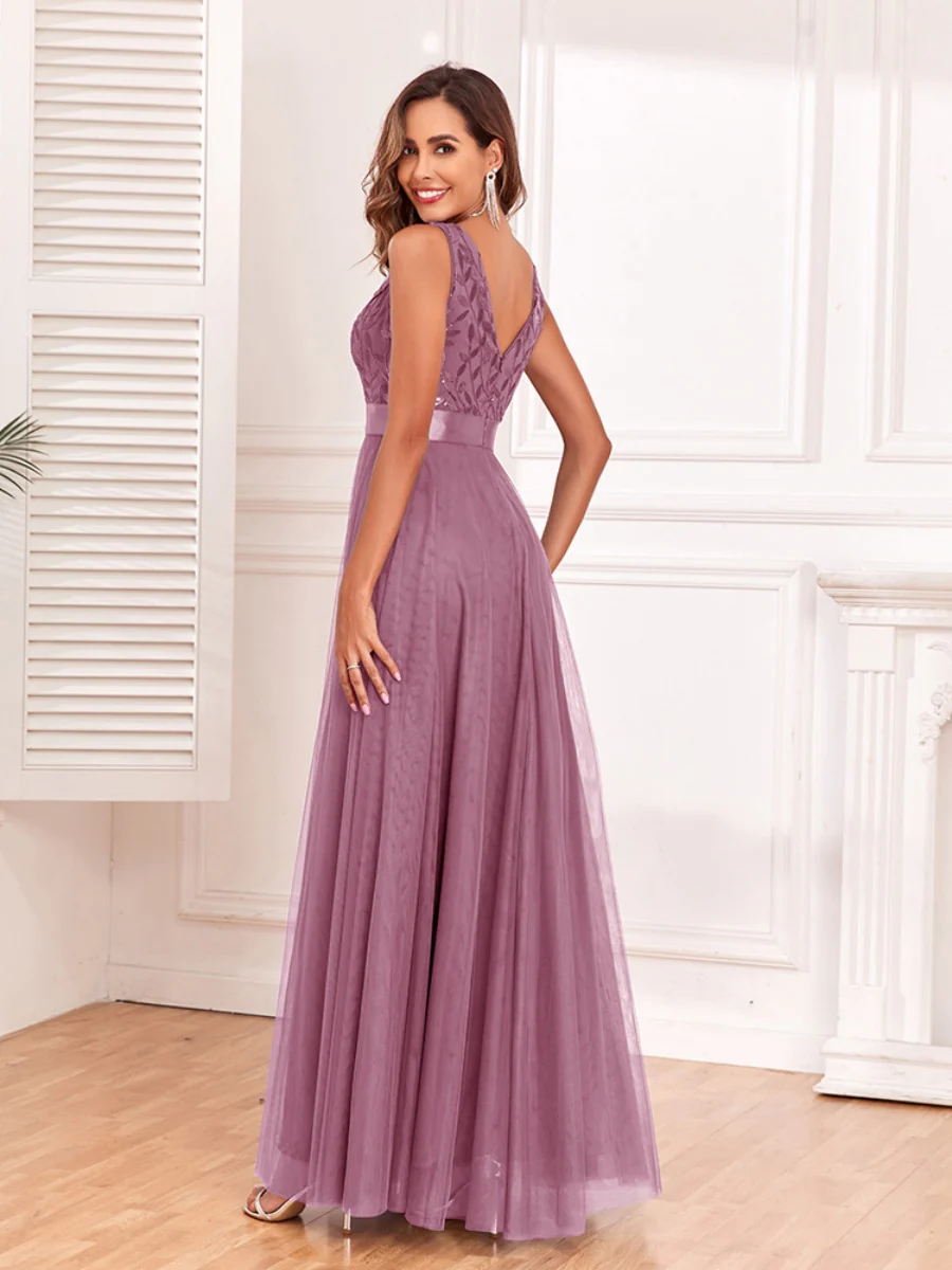V-neck Embroidery Sequins Elegant Gauze Formal Dress Maxi Dresses - Image 6