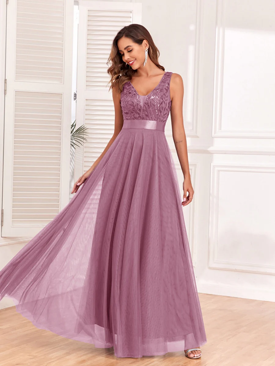 V-neck Embroidery Sequins Elegant Gauze Formal Dress Maxi Dresses - Image 7