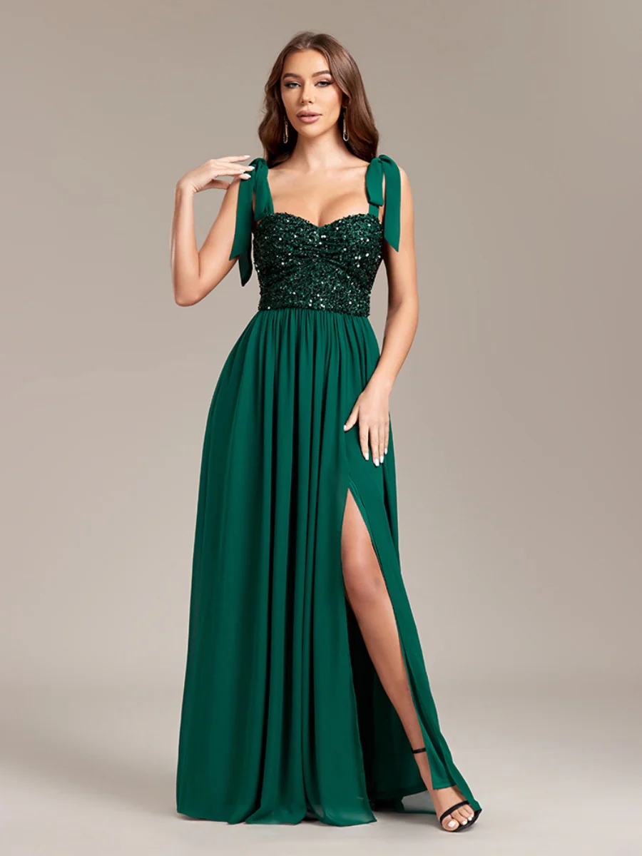 Sequins And Glitter Bandage Chiffon Slit Formal Dress Maxi Dresses - Image 3