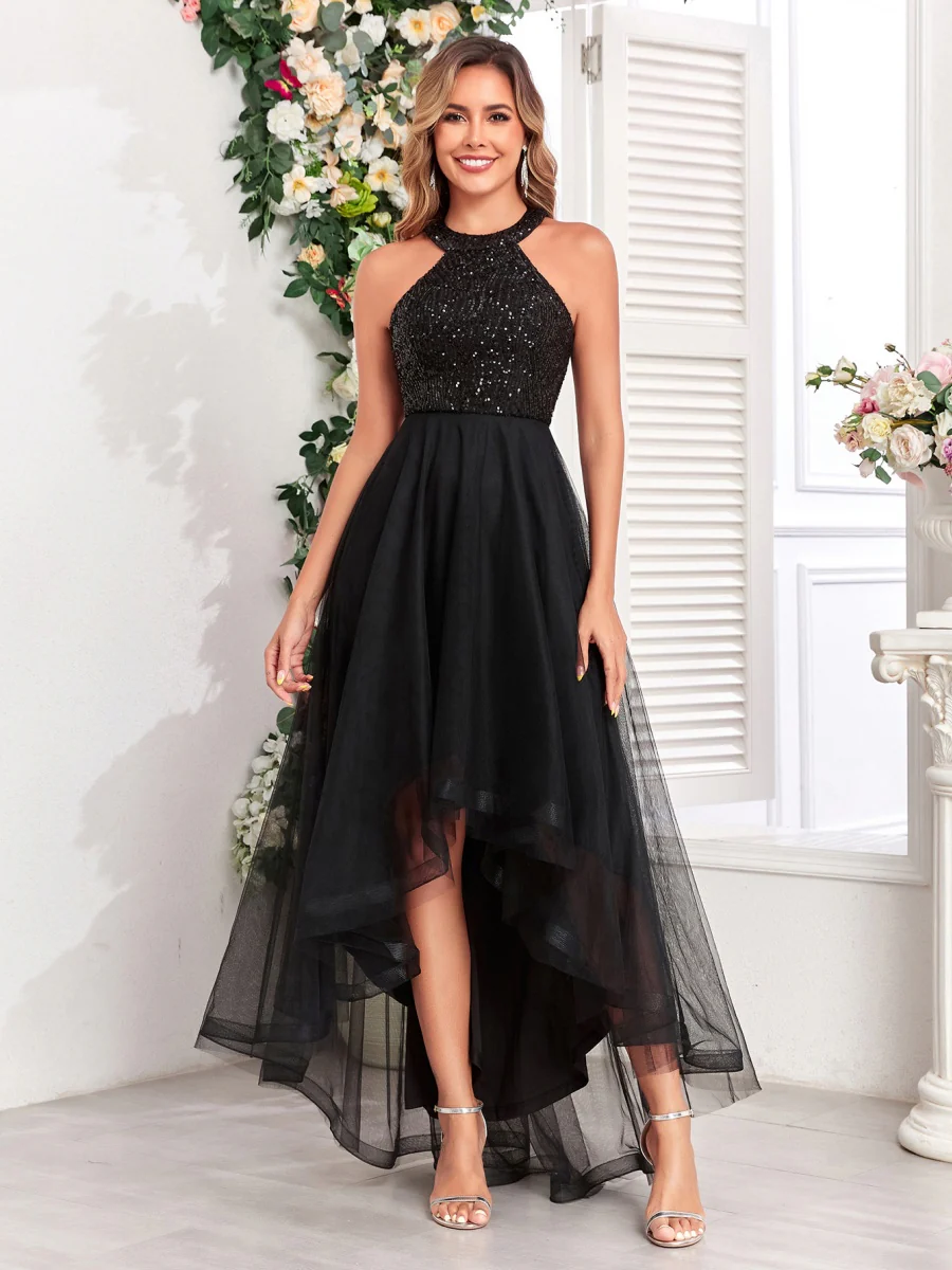 Halter Sequins Mesh Irregular Hem Formal Dress Maxi Dresses - Image 11