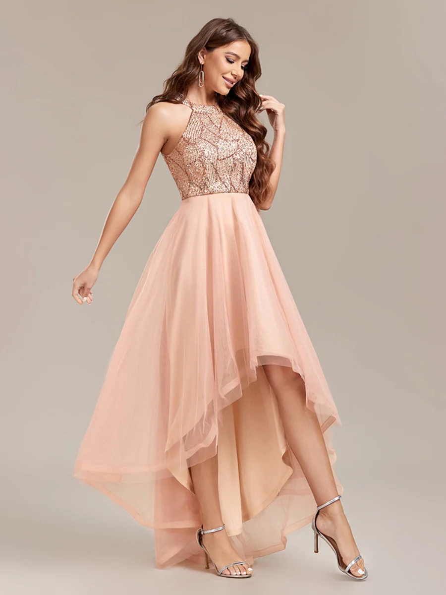 Halter Sequins Mesh Irregular Hem Formal Dress Maxi Dresses - Image 3