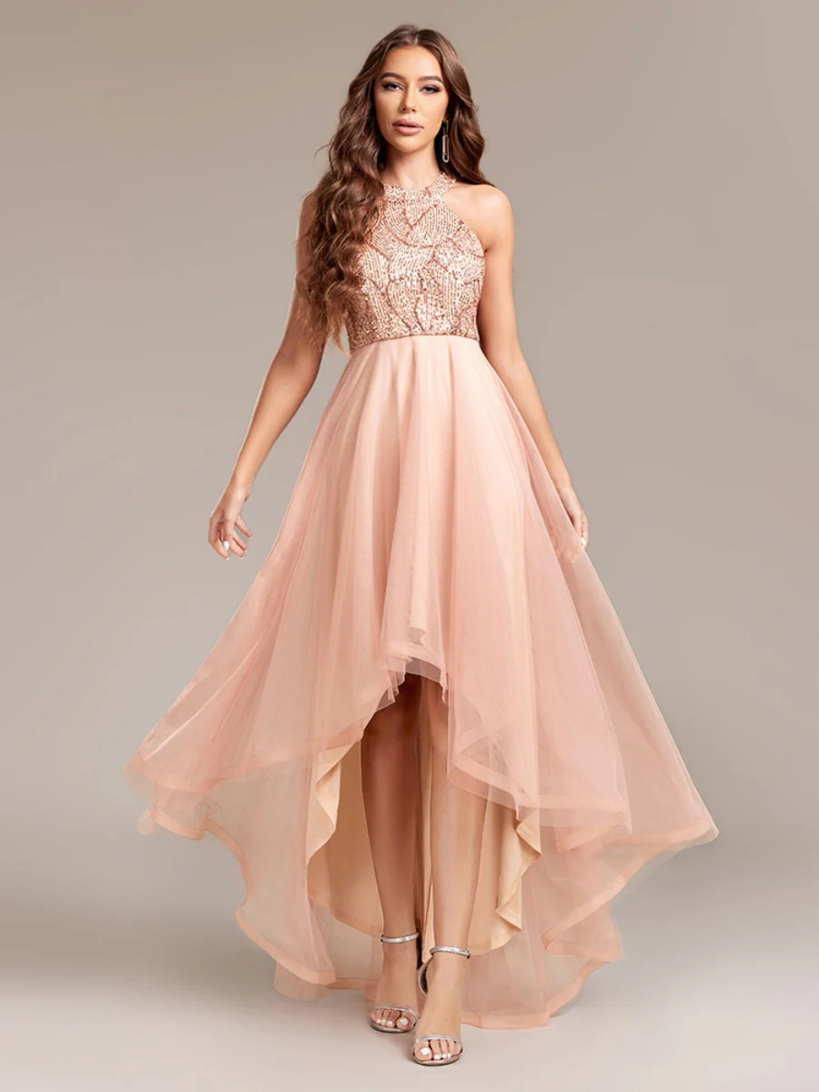 Halter Sequins Mesh Irregular Hem Formal Dress Maxi Dresses - Image 4