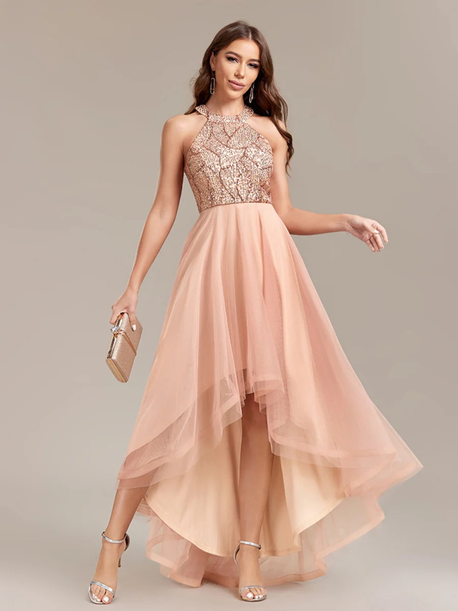 Halter Sequins Mesh Irregular Hem Formal Dress Maxi Dresses - Image 5