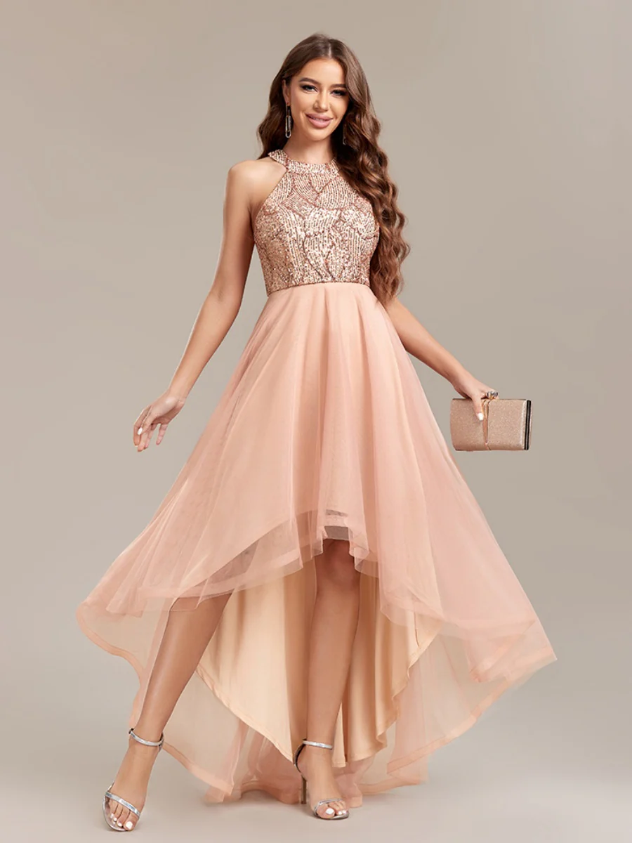 Halter Sequins Mesh Irregular Hem Formal Dress Maxi Dresses - Image 6