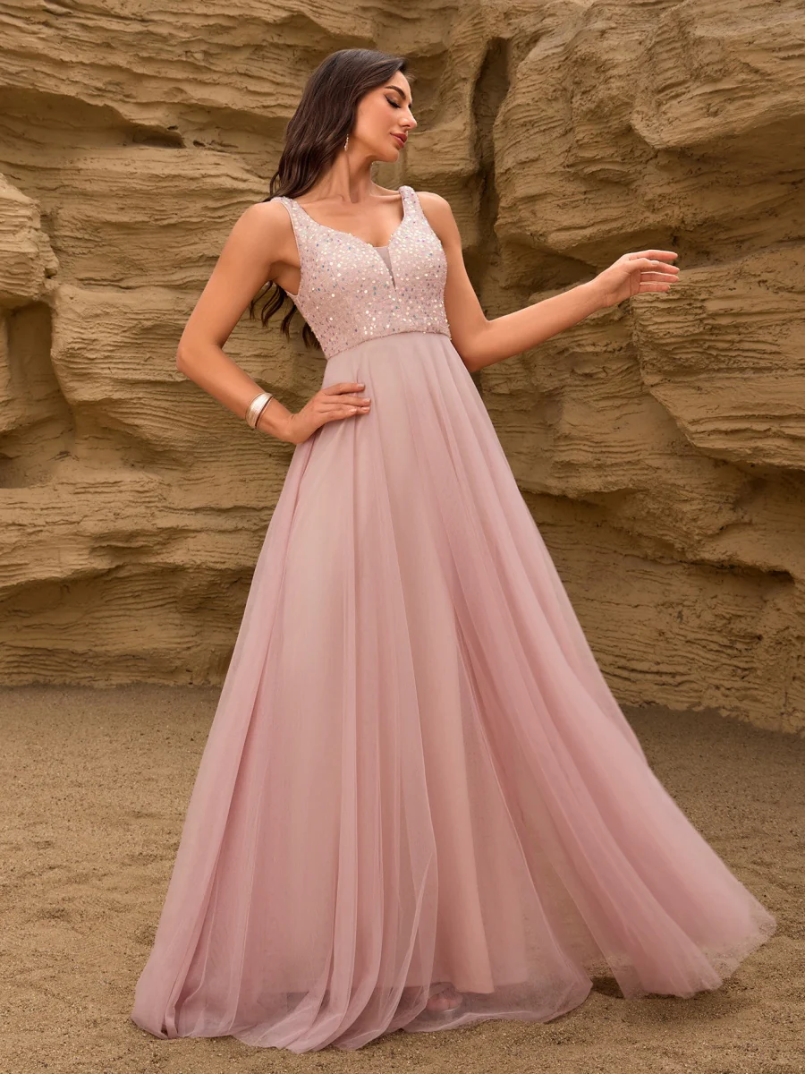 V-neck Embroidery Sequins Elegant Gauze Formal Dress Maxi Dresses - Image 10