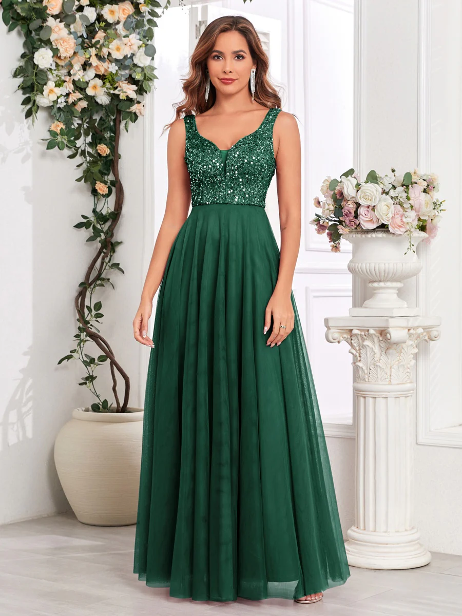 V-neck Embroidery Sequins Elegant Gauze Formal Dress Maxi Dresses - Image 11