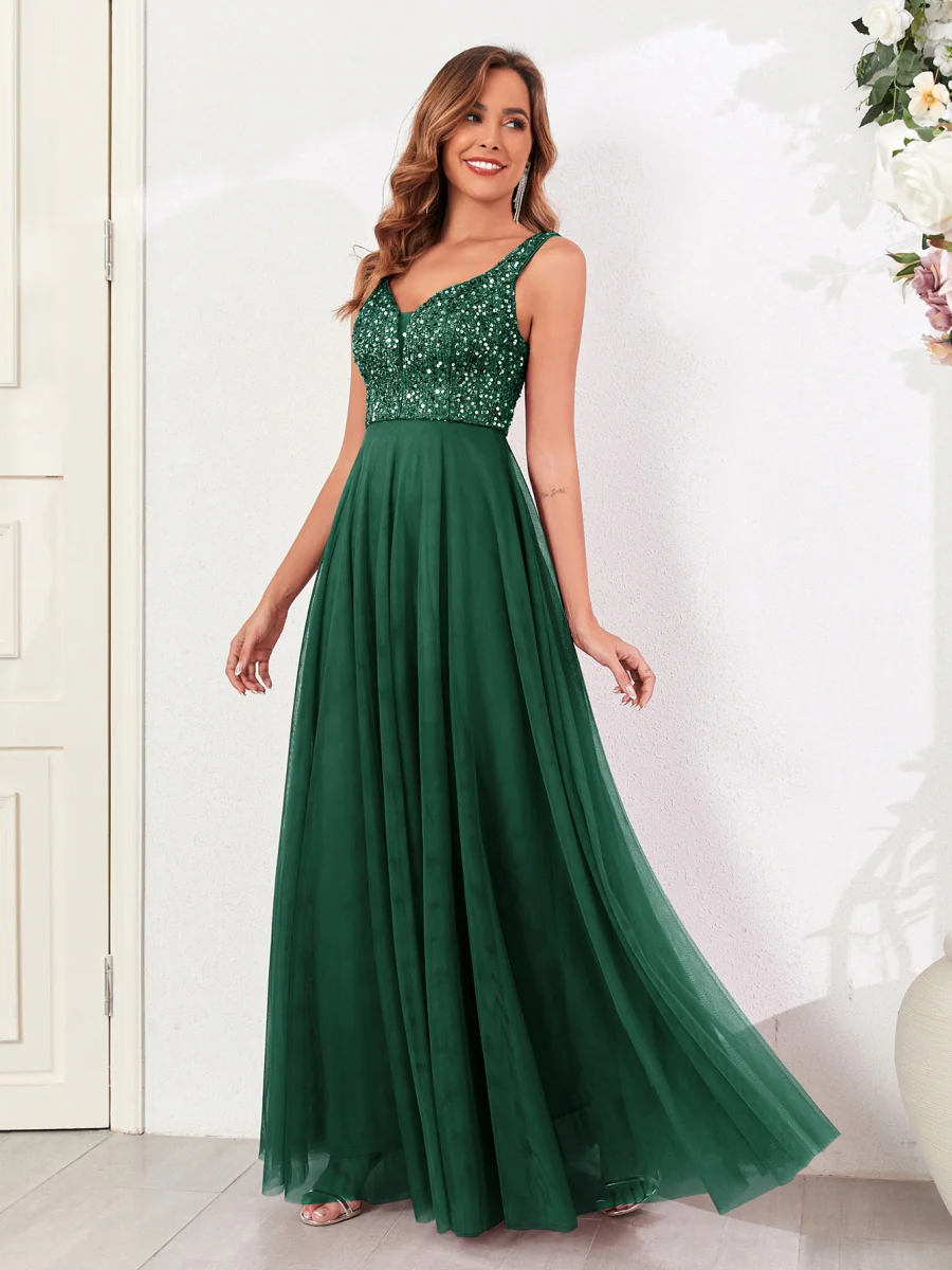 V-neck Embroidery Sequins Elegant Gauze Formal Dress Maxi Dresses - Image 12