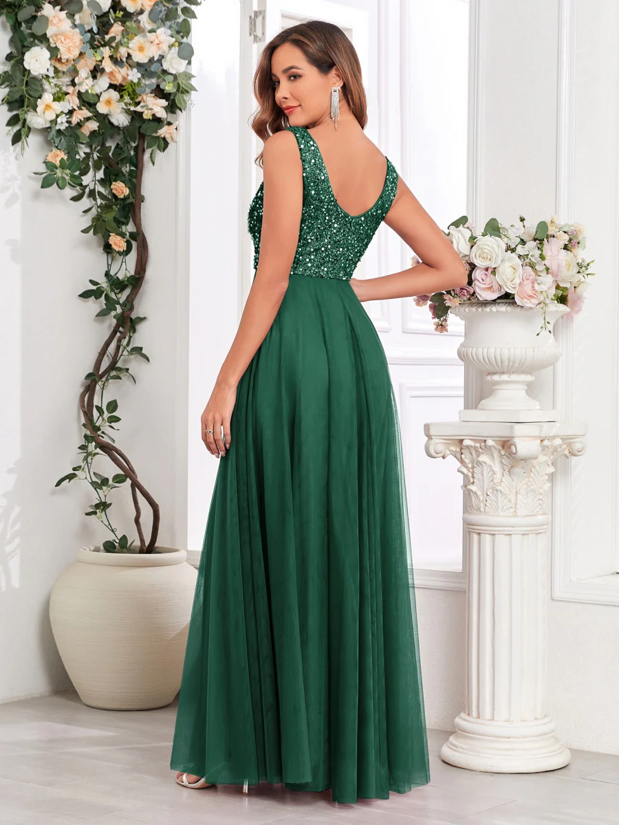 V-neck Embroidery Sequins Elegant Gauze Formal Dress Maxi Dresses - Image 13