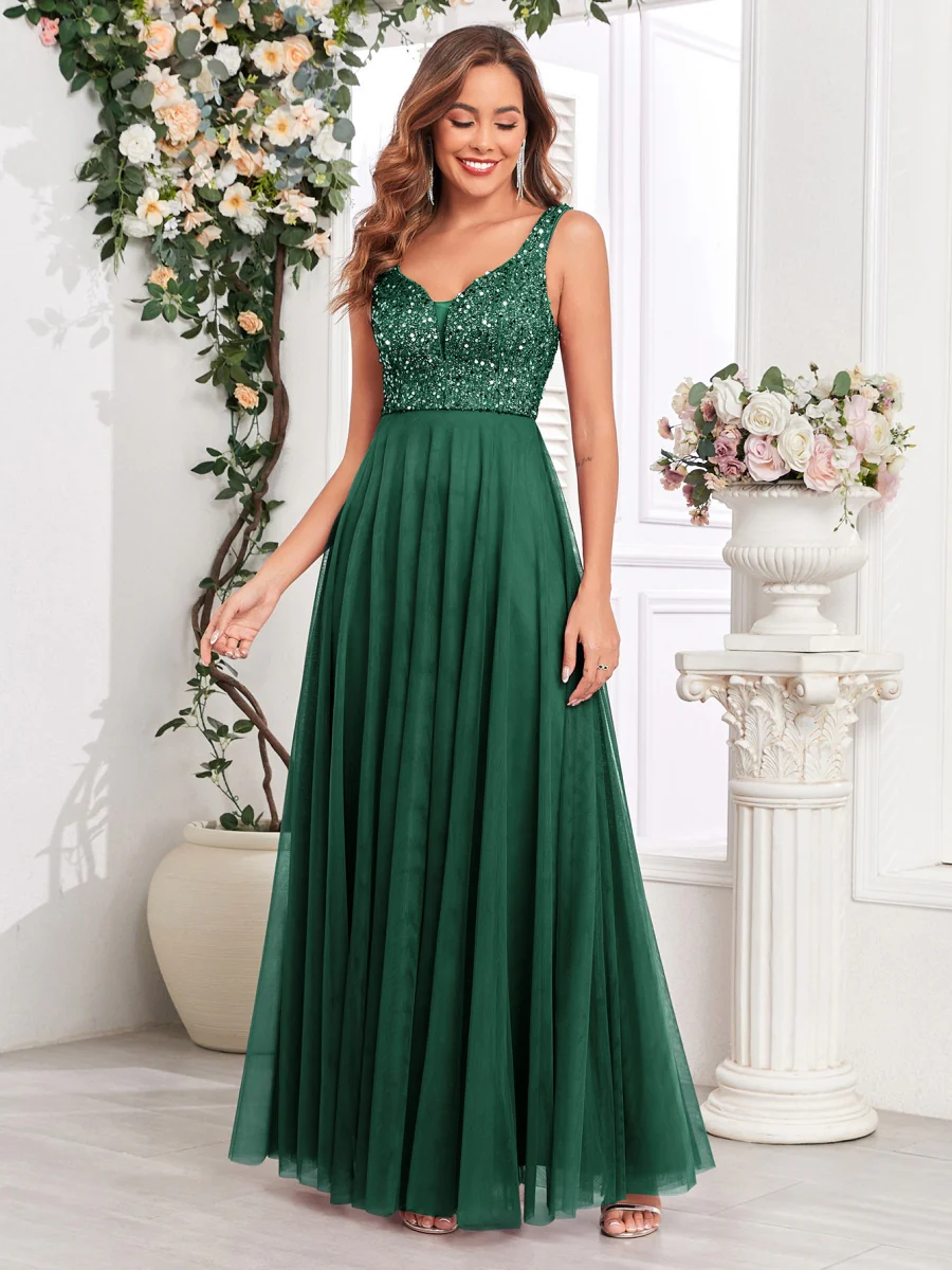 V-neck Embroidery Sequins Elegant Gauze Formal Dress Maxi Dresses - Image 14