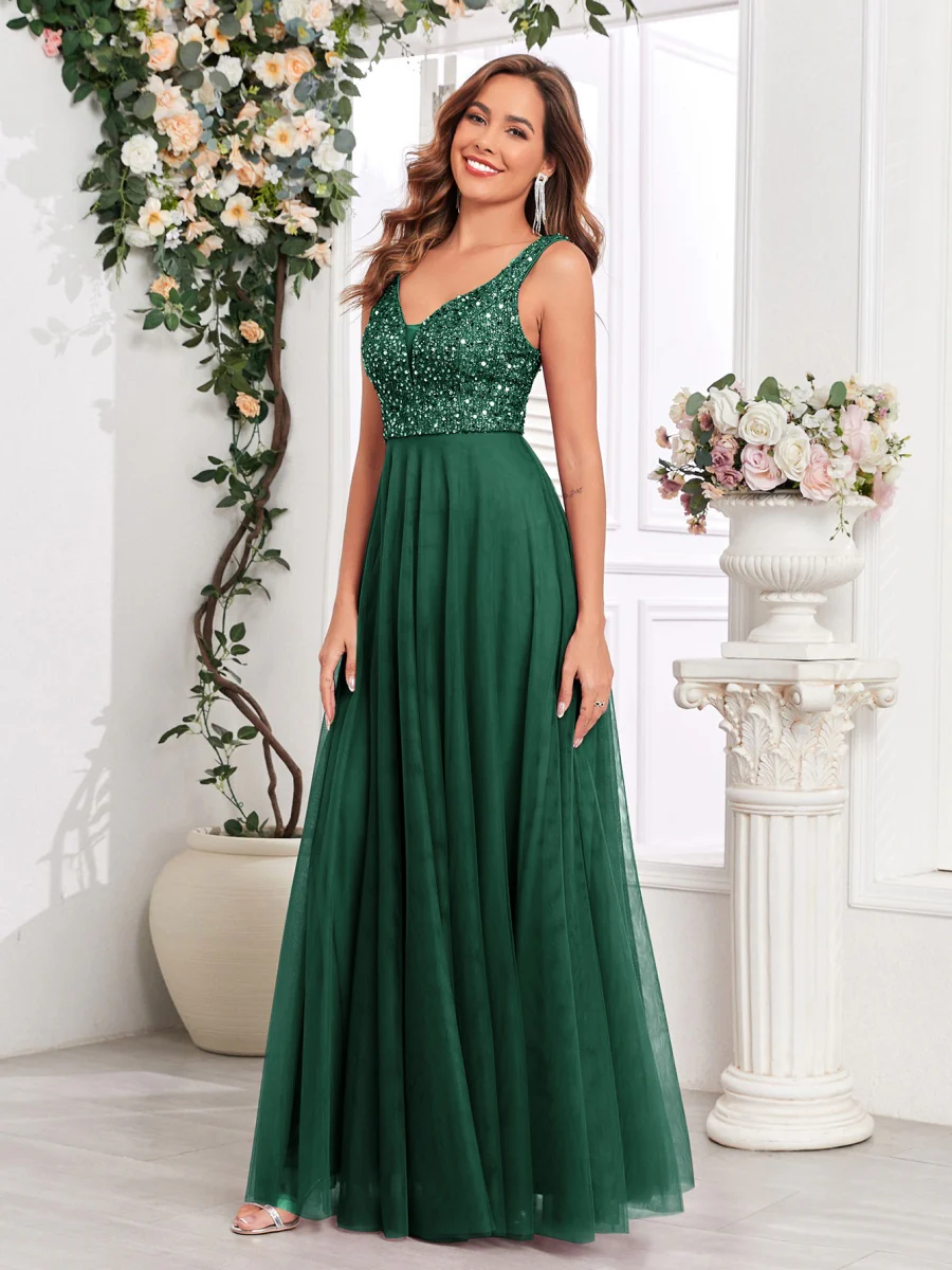 V-neck Embroidery Sequins Elegant Gauze Formal Dress Maxi Dresses - Image 15