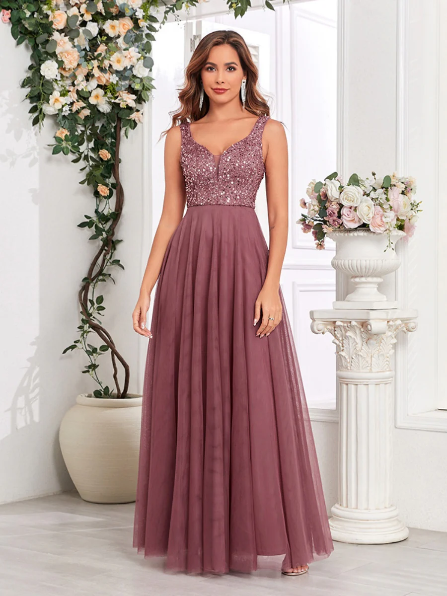 V-neck Embroidery Sequins Elegant Gauze Formal Dress Maxi Dresses - Image 2