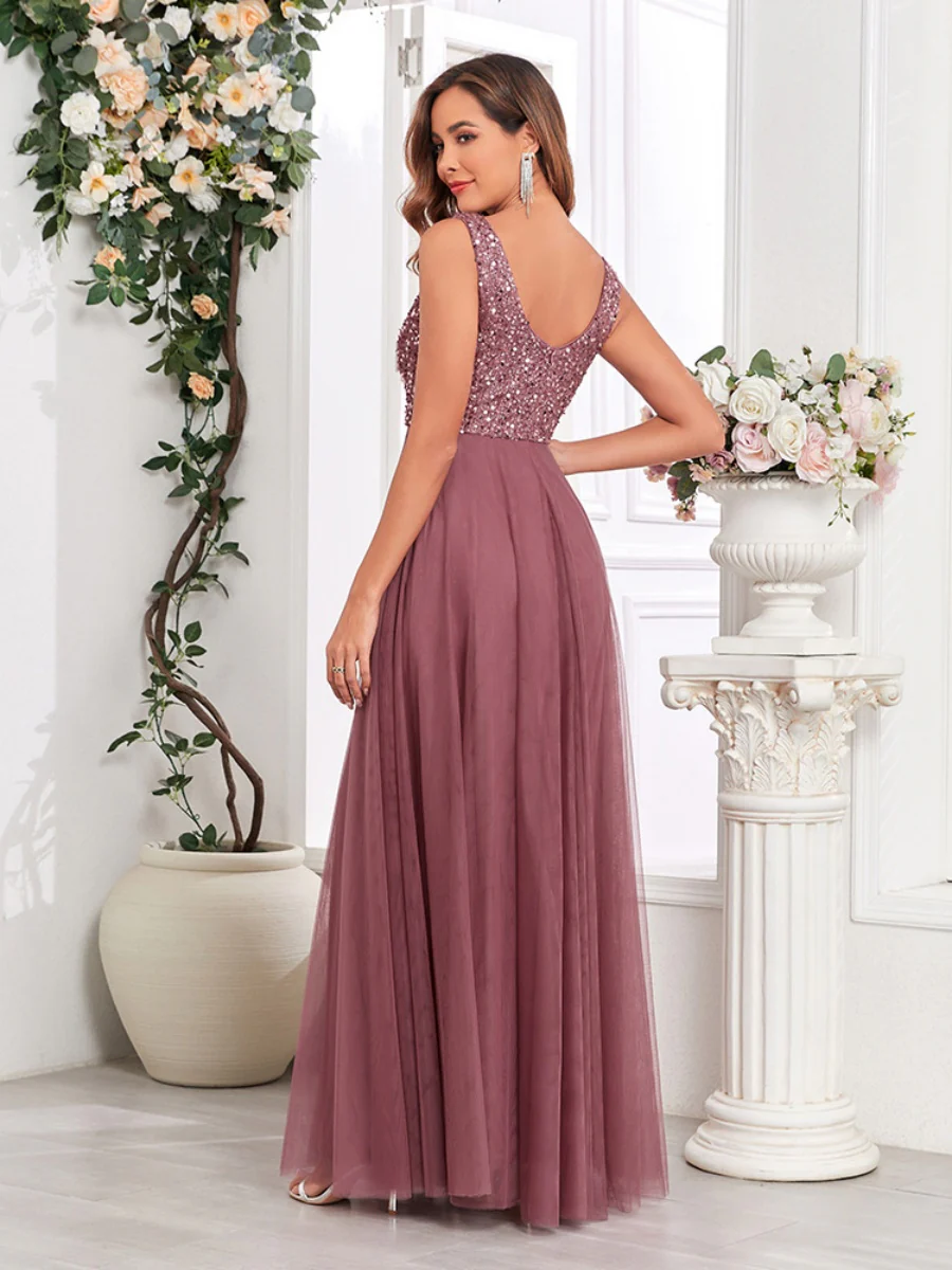 V-neck Embroidery Sequins Elegant Gauze Formal Dress Maxi Dresses - Image 3