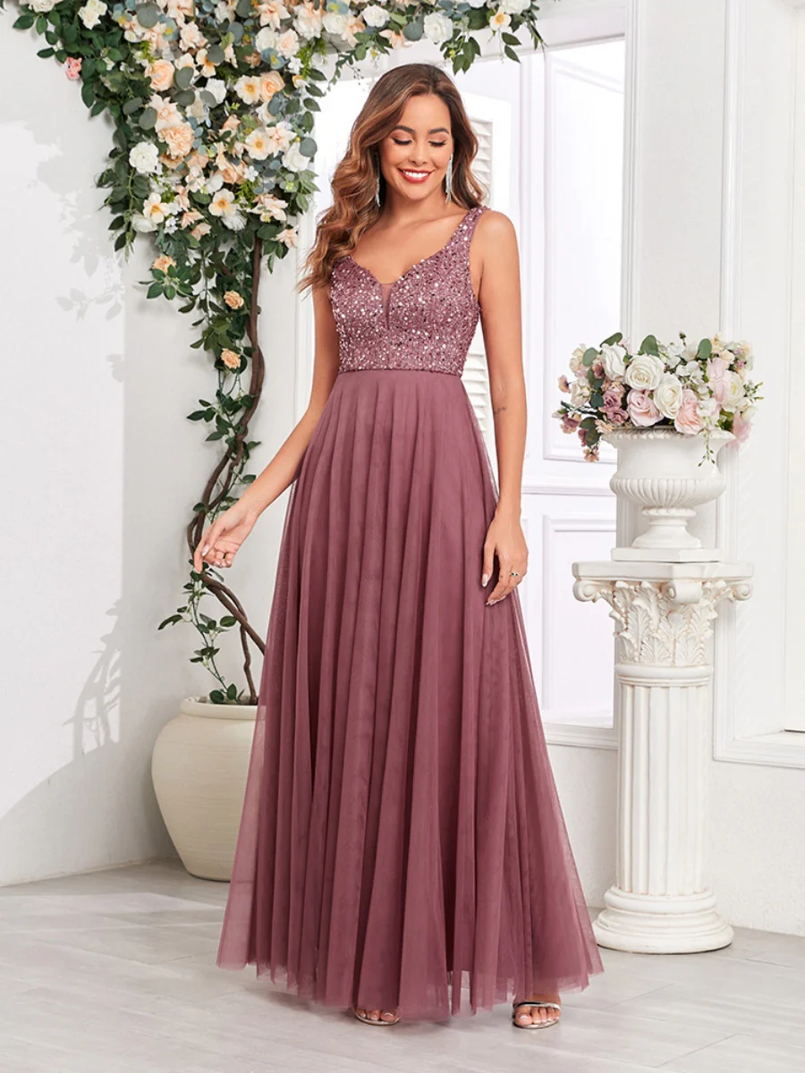 V-neck Embroidery Sequins Elegant Gauze Formal Dress Maxi Dresses - Image 4