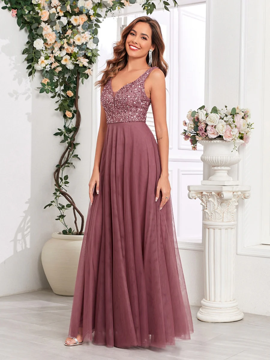 V-neck Embroidery Sequins Elegant Gauze Formal Dress Maxi Dresses - Image 5