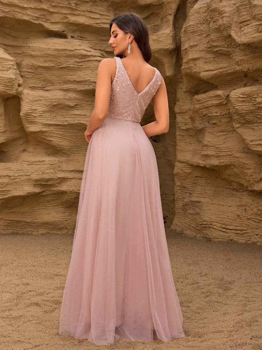 V-neck Embroidery Sequins Elegant Gauze Formal Dress Maxi Dresses - Image 6