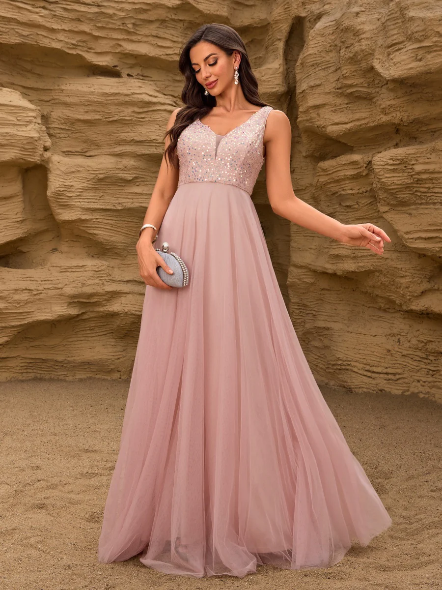 V-neck Embroidery Sequins Elegant Gauze Formal Dress Maxi Dresses - Image 7