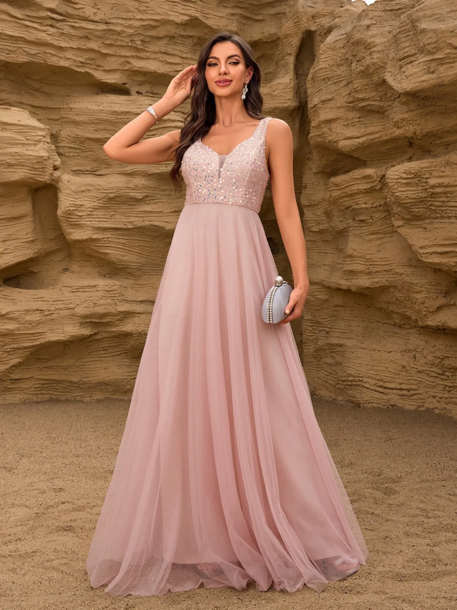 V-neck Embroidery Sequins Elegant Gauze Formal Dress Maxi Dresses - Image 8