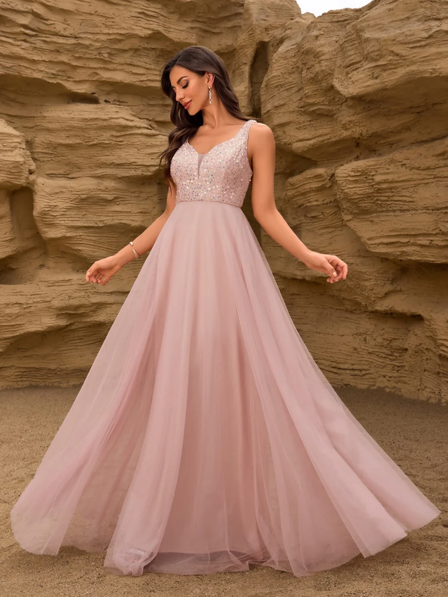 V-neck Embroidery Sequins Elegant Gauze Formal Dress Maxi Dresses - Image 9