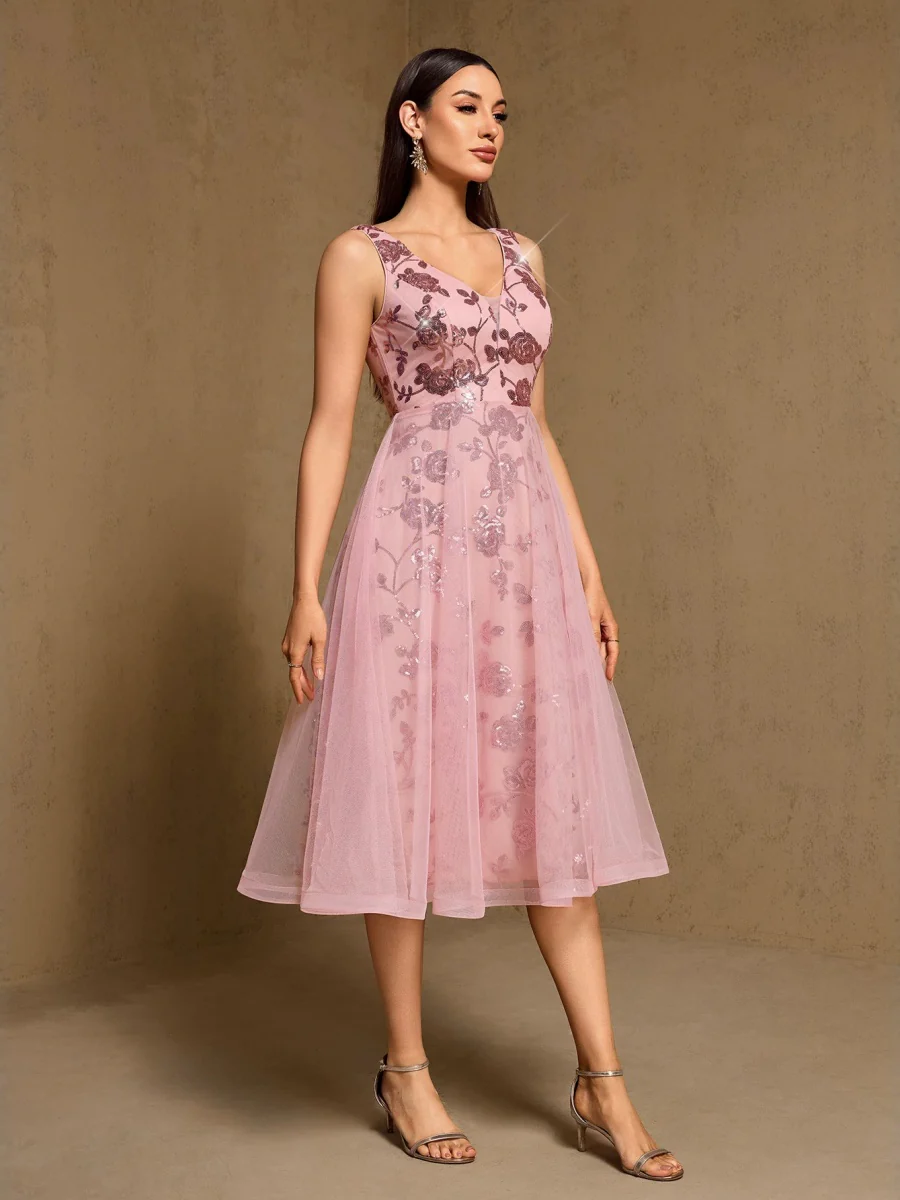 Embroidery Sequins Mesh Sweet Reunion Midi Dresses - Image 3