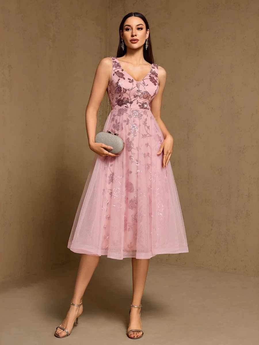 Embroidery Sequins Mesh Sweet Reunion Midi Dresses - Image 4