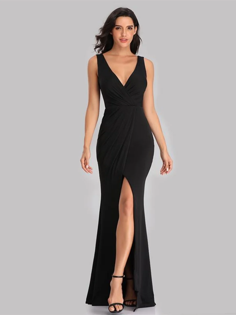 Sleeveless V-neck Slit Formal Dress Maxi Dresses