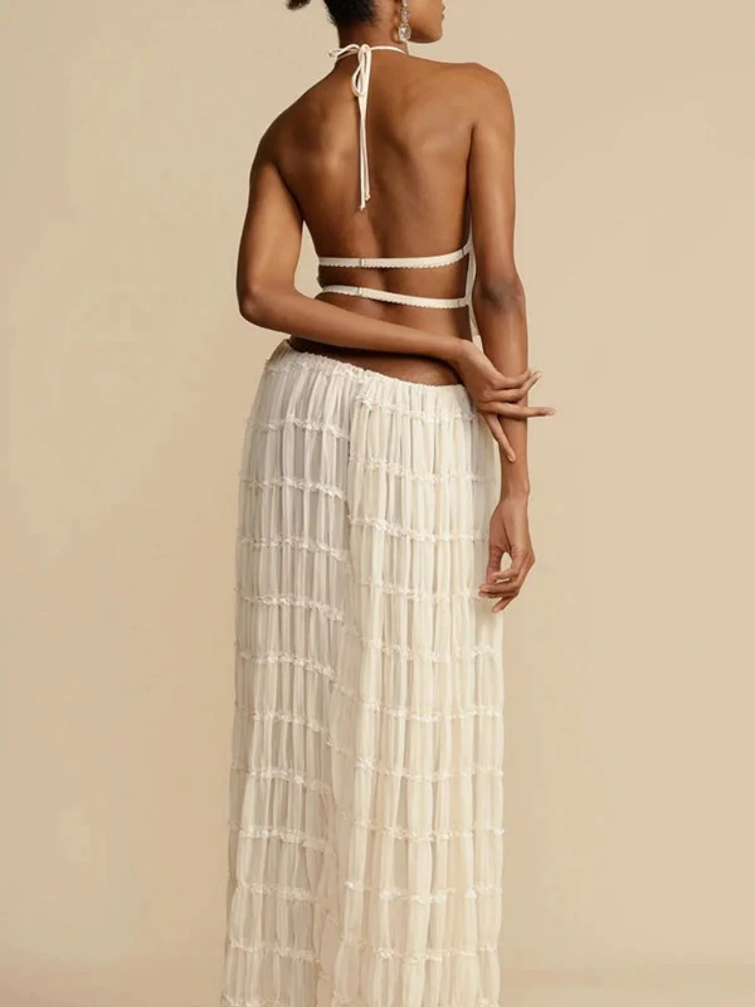 Pleated Sleeveless Backless Halter Neck Full Skirt 2-piece Sets - Image 3