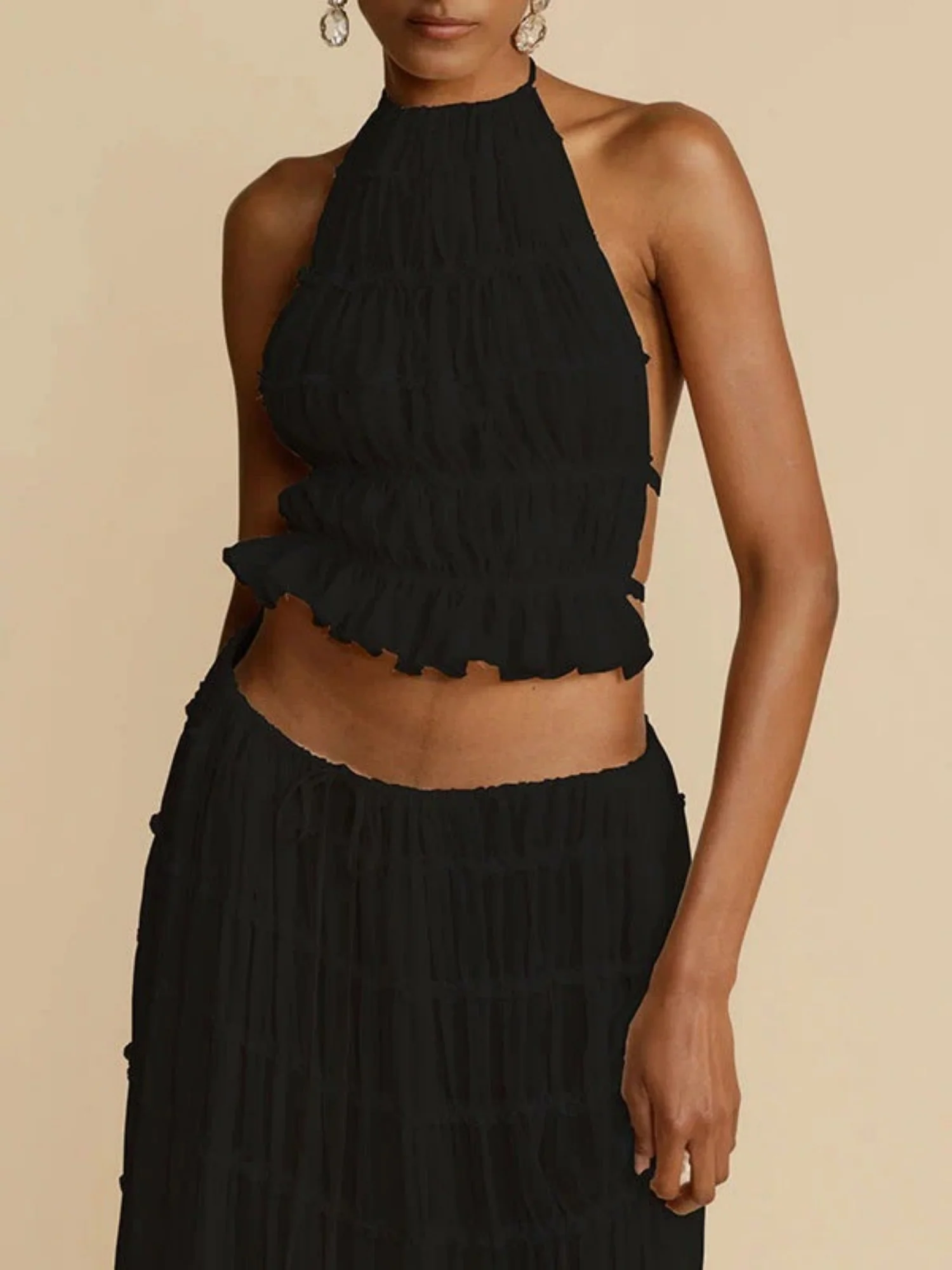 Pleated Sleeveless Backless Halter Neck Full Skirt 2-piece Sets - Image 5