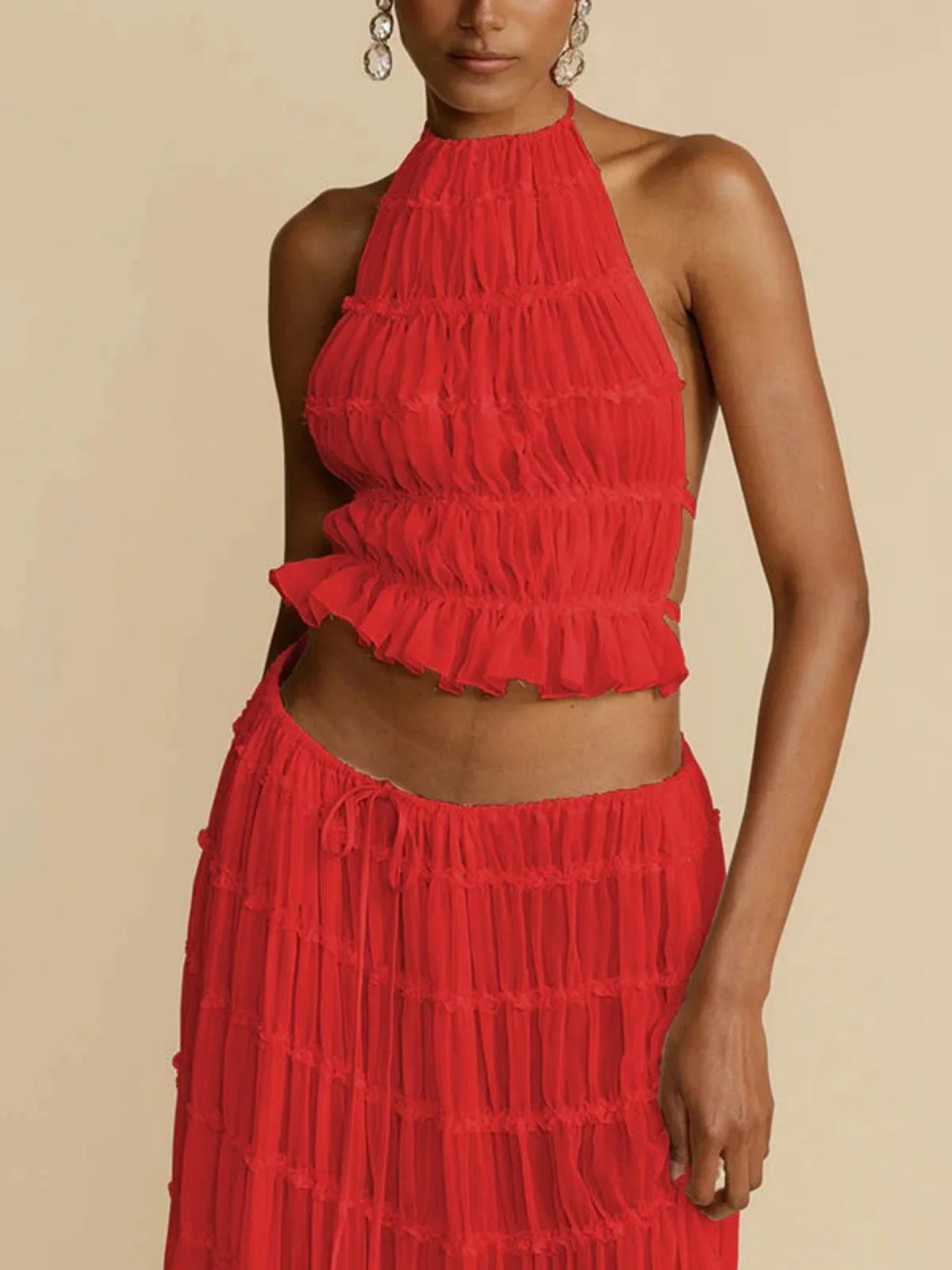 Pleated Sleeveless Backless Halter Neck Full Skirt 2-piece Sets - Image 6