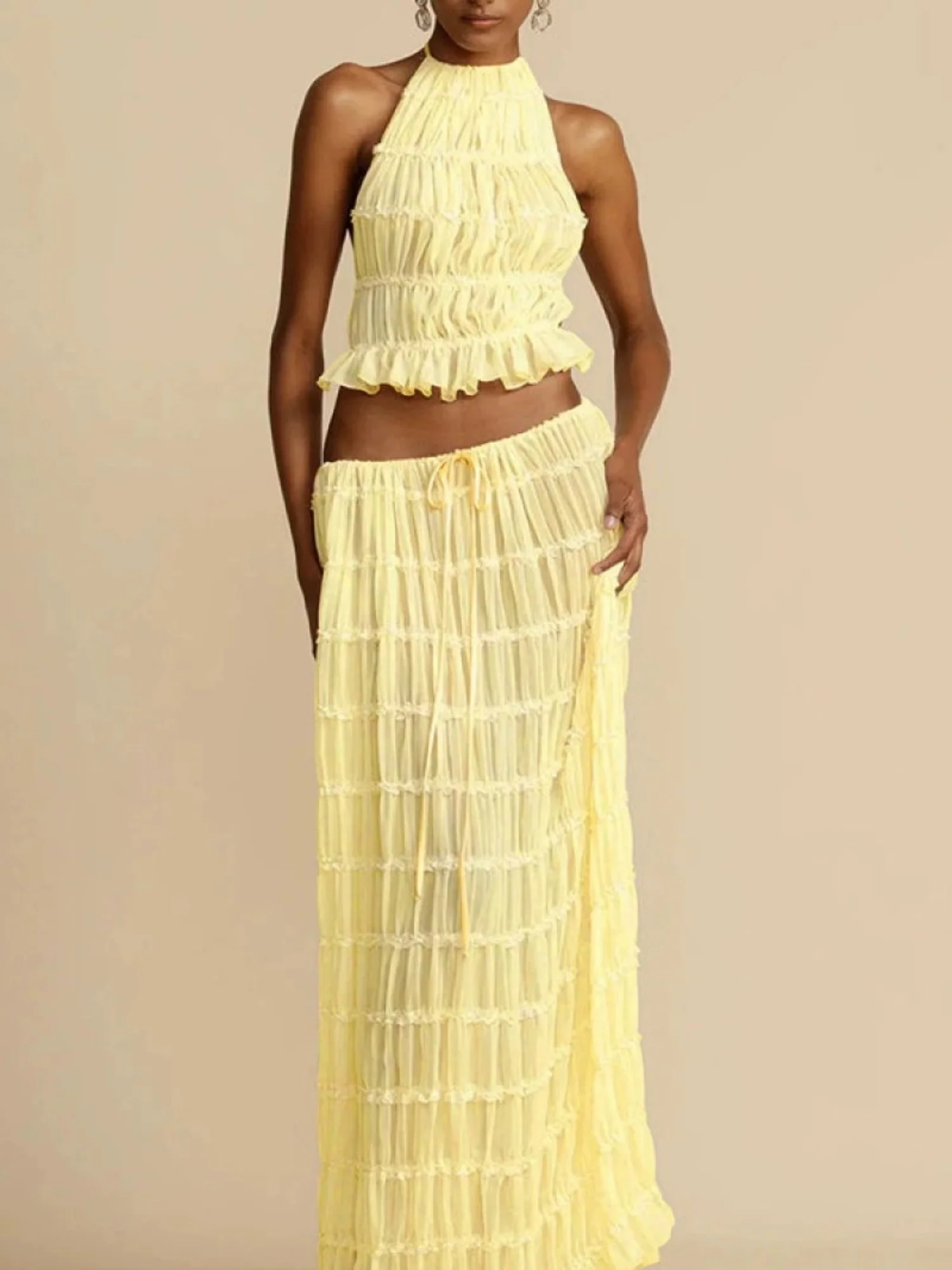 Pleated Sleeveless Backless Halter Neck Full Skirt 2-piece Sets - Image 7