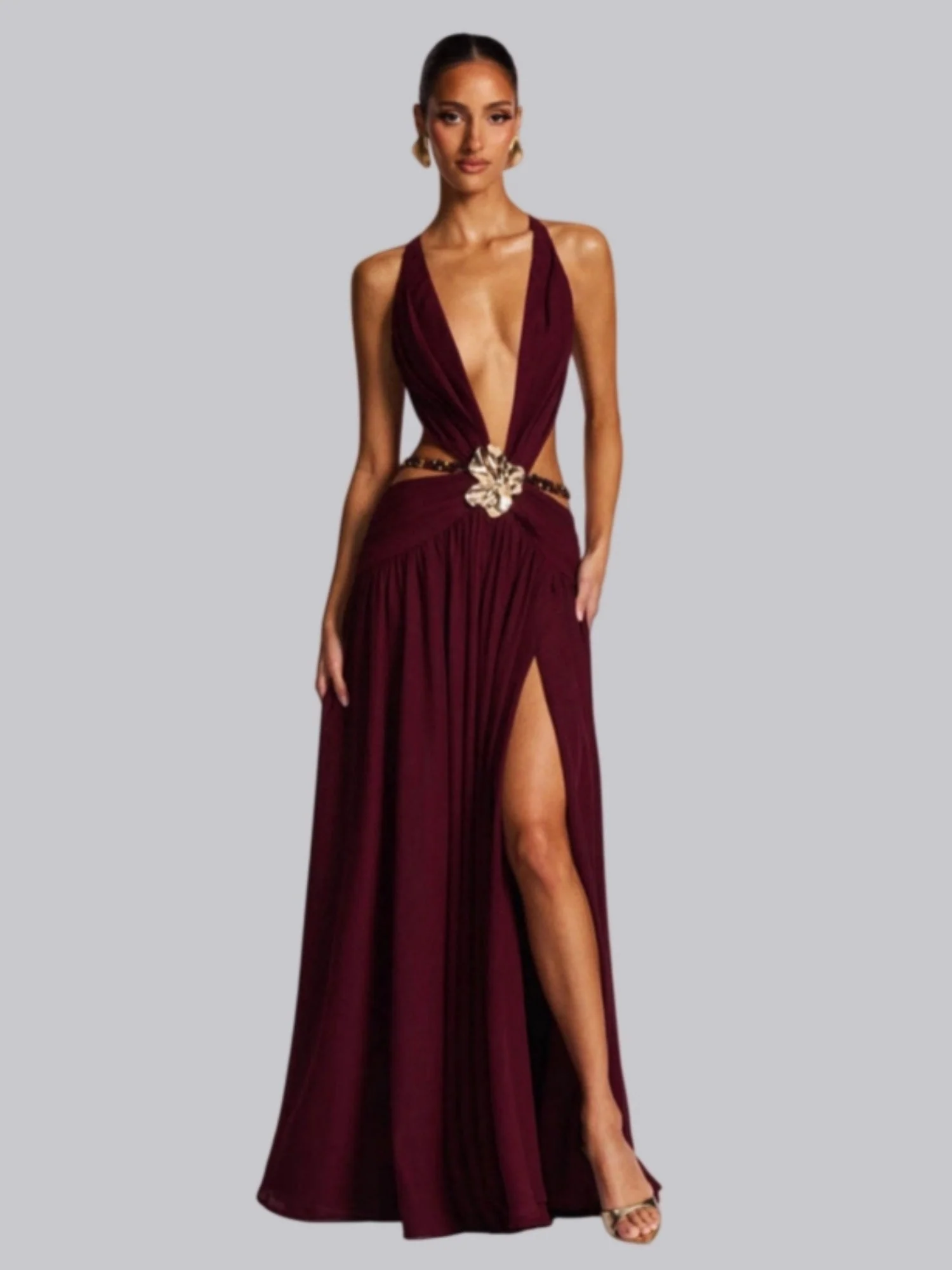 Halter Neck Deep V Lace-up Backless Sexy High Slit Metal Decoration Maxi Dresses