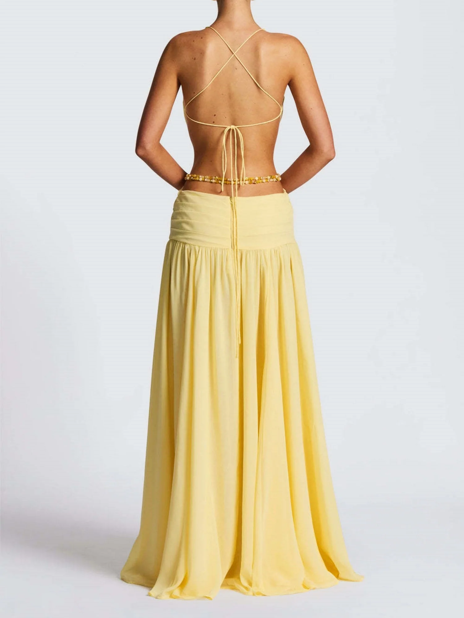 Halter Neck Deep V Lace-up Backless Sexy High Slit Metal Decoration Maxi Dresses - Image 5