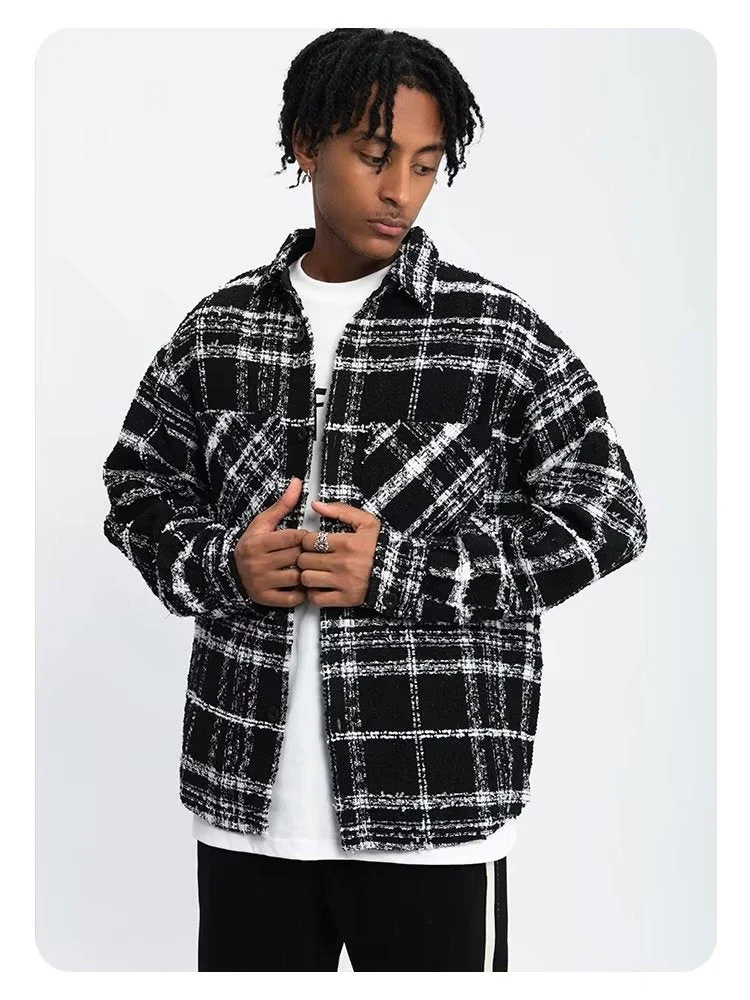 Black And White Checkered Ins Woolen Cloth Shirts - Image 3
