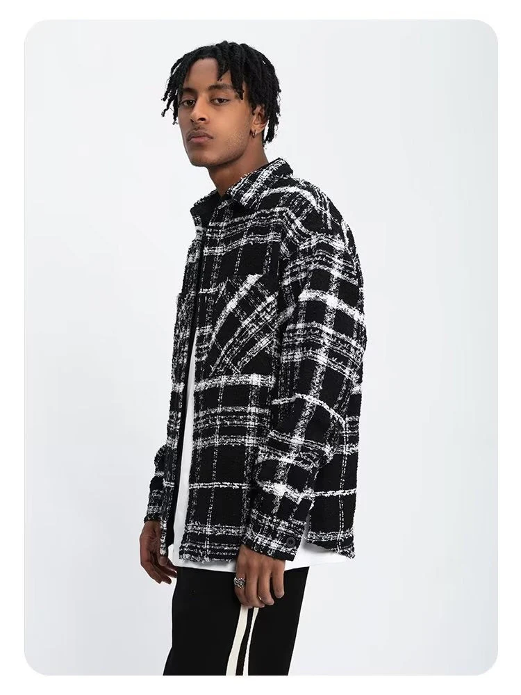 Black And White Checkered Ins Woolen Cloth Shirts - Image 4
