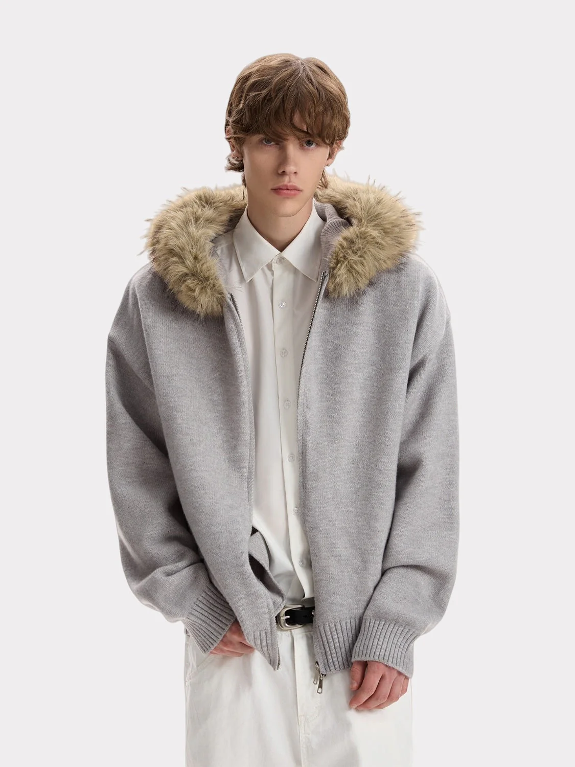 Fur Collar Hooded Knitting Cardigan Coat