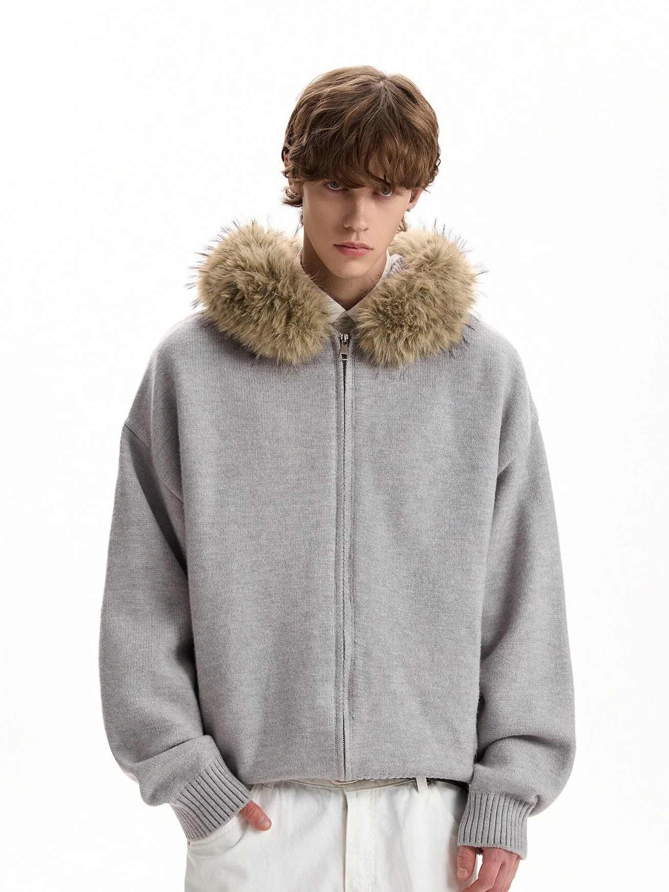 Fur Collar Hooded Knitting Cardigan Coat - Image 2