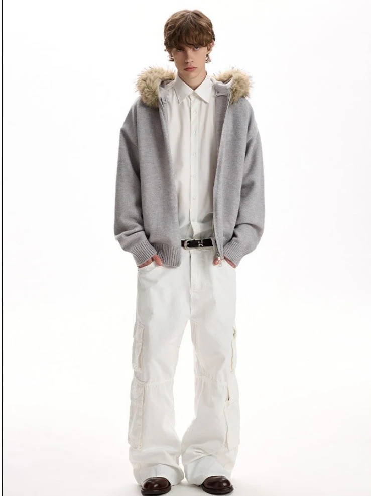 Fur Collar Hooded Knitting Cardigan Coat - Image 3