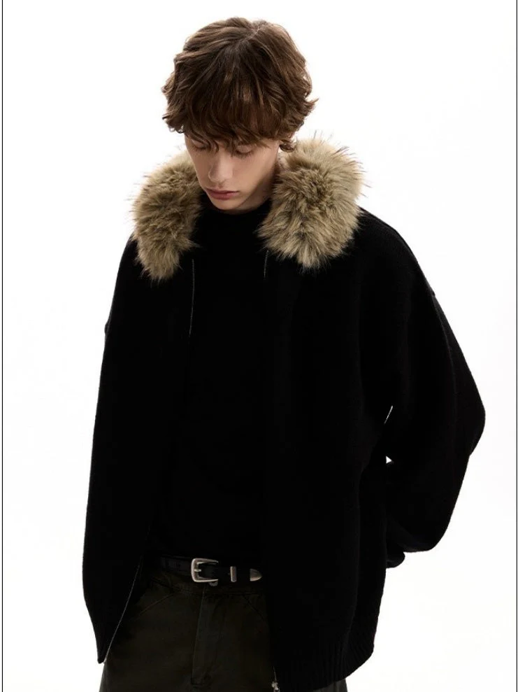 Fur Collar Hooded Knitting Cardigan Coat - Image 5