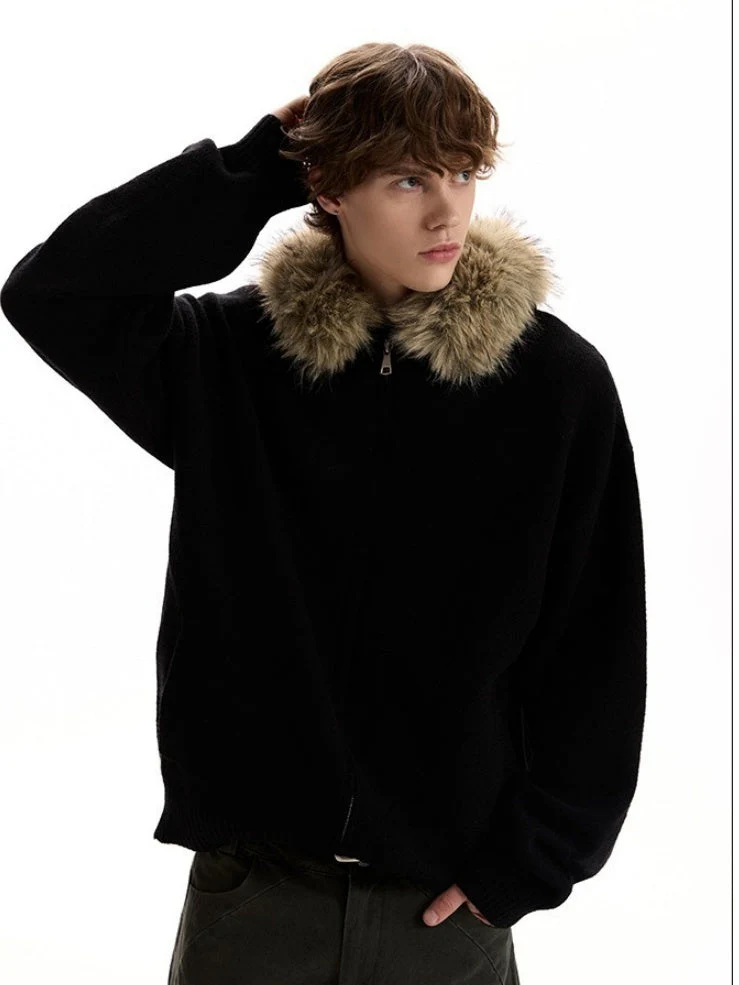 Fur Collar Hooded Knitting Cardigan Coat - Image 6